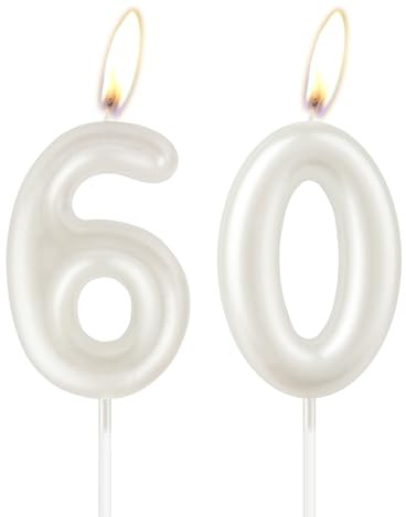Pearl White Birthday Candle, White Happy Birthday Number 60 Candle, Cake Candle Topper for Girls, Wedding Anniversary Commemoration