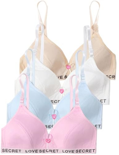 Sunvivid Sports Bra for Girls 4 Pack Seamless Training Bras Wireless Thin Pads Strappy Top Cotton Bralettes Teen Underwears with Adjustable Strap for 12-14