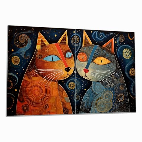 Wallario Herdabdeckplatte/Spritzschutz aus Glas, 2-teilig, 80x52cm, für Ceran- und Induktionsherde, Kosmische Katzenfreunde