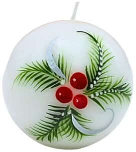 Noble vela esférica, vela de mesa, vela decorativa, vela de cera con motivo navideño, 8 cm, con ramas de abeto y bayas, en blanco, rojo y verde.