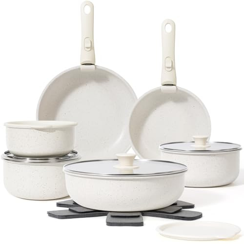 SODAY 18 Pcs Pots and Pans Set Non Stick, Cookware Sets with Detachable Handle, Nonstick RV Kitchen Cooking Tools Removable Handles, Oven Safe, Induction Fast, Stackable Induction Cookware, White