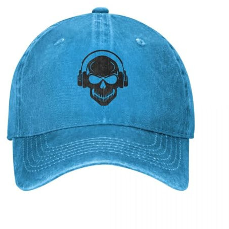 ZTQTQZZ Baumwolle Vintage Washed Denim Baseballkappe Totenkopf mit Kopfhörern – Rave – Electro – Hardstyle Baseballmütze Cowboyhut Schirmmütze Cowboyhüte Hüte für Männer und Frauen