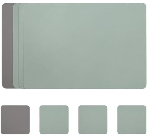 Myir JUN Leather Table Mats and Coasters, Dual-Sided Leather Placemats and Coasters Waterproof Placemats Set of 4 Place Mats Non-Slip Washable Table Mats (Gray Sage green, Set of 4)