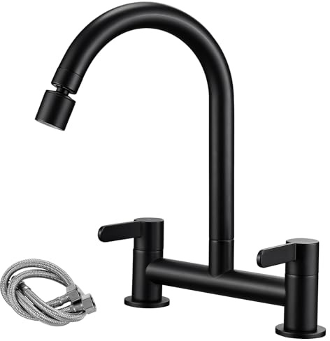 Peppermint Kitchen Mixer Taps 2 Hole Black with 2 Function Aerator Bridge | 180MM Center, Double Mixer Taps for Kitchen Sink 2 Hole Black, Monobloc Deck Mounted 360° Swivel Sink Tap, Brass, Flexi Hoses