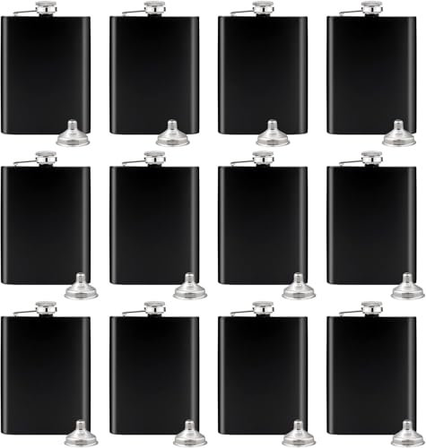 Lot de 12 Flasques a Alcool et Entonnoir, 8oz/227ml Flasques Whisky de Poche Inox, Flasque de Poche Portable pour Randonnée, Camping, Escalade, Pique-Nique (Noir)