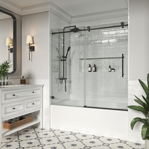Bathtub Shower Door, 57- 60 W x 60 H, Single Sliding Soft-Close Shower Door, SGCC Certified 5/16 (8 mm) Clear Tempered Glass, Matte Black Finish