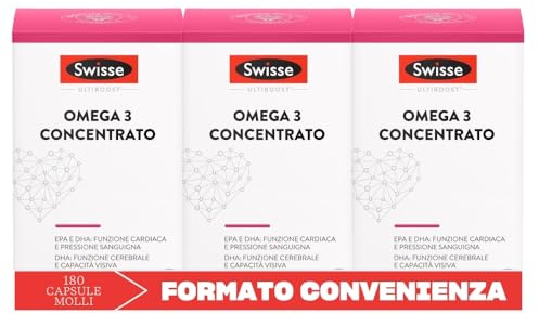 Swisse Omega 3 Concentrato 180 capsule molli 1800 mg di Olio di Pesce,648mg EPA e 432mg DHA per porzione, Certificato 5* IFOS, Capsule inodore rivestite alla vaniglia