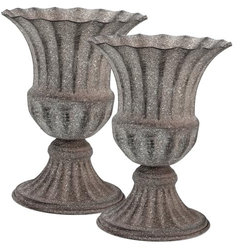 VICASKY 2pcs Dark Grey Metal Urn Vases - Classic Rustic Cemetery Flower Holders for Graveside - Garden and Wedding Table Decor Iron for Memorial Flowers