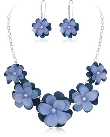 EVER FAITH Hell blaue Blume Statement Halskette Boho Sommer Urlaub Strand Schmuck Floral Kragen Halsketten mit Ohrringen für Damen