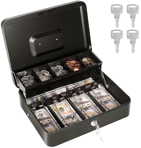 Cash Box with Money Tray and Lock, Metal Money Box for Cash Register, Large Cash Lock Box for Money Safe Includes 5 Slots Coin Tray, 4 Bill Slots, 4 Keys, 11.8 x 9.4 x 3.54 Black