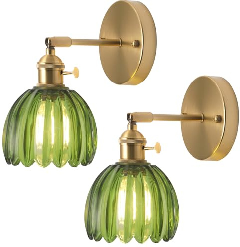 DLGLOLIN Lots de 2 Applique Murale en Verre Vert Lampe Murale Intérieure avec Interrupteur E27 Vintage Salle de Bain Luminaire Mural Éclairage Murale pour Chambre Salon Cuisine