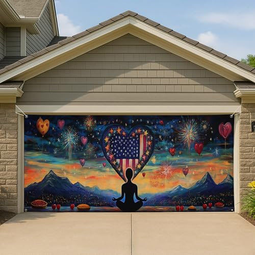 Grande bannière de porte de garage de méditation patriotique, silhouette de yoga paisible, décoration de garage, fête de l'indépendance d'été, toile de fond pour fête en plein air, 400 x 180 cm