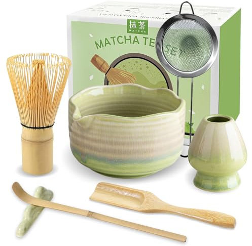 JBER Matcha-kvastset, matcha set – bambu matcha-vit, matcha skål med pip, matcha kvast hållare, sil, sked och hållare, japansk matcha-kit för matcha-älskare, gradient gul-grön