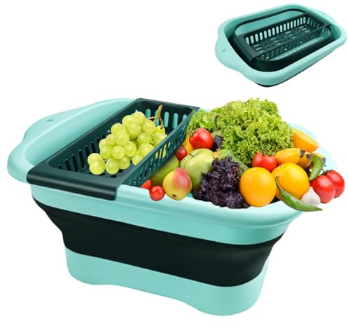 Collapsible Dish Basin with Drain Plug, Jaxbo 3Gallon Space Saving Outdoor Multiuse Foldable Sink Tub, Dishpan, Portable Kitchen Storage Tray for Vegetable Washing, Camping, RV