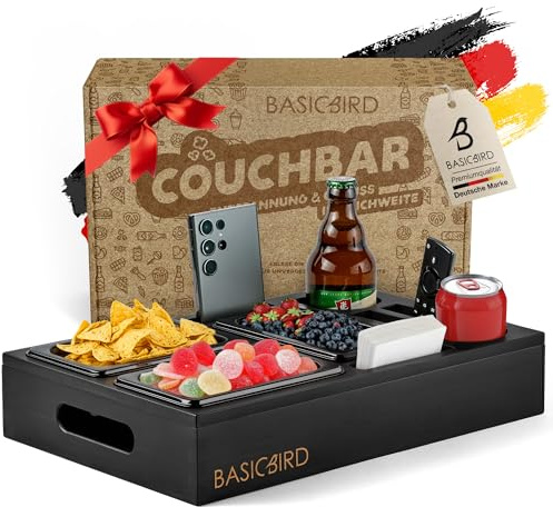 BASICBIRD® Couchbar Snackbox - Organizer Tablett- Snackspender mit 3X Snackschale - Holz Sofatablett für Sofa, Deko, Couch Bar mit Getränkehalter und Fächern – Wohnmobilausstattung (Black Edition)