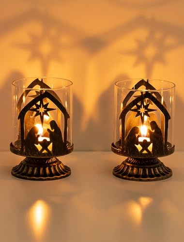 Romadedi Weihnachtskrippe Kerzenständer Deko Set: 2er Set Vintage Krippe Weihnachten Metall Innen Dekoration mit Windlichtgläser für Tisch Wohnzimmer Advent für Weihnachtsdeko
