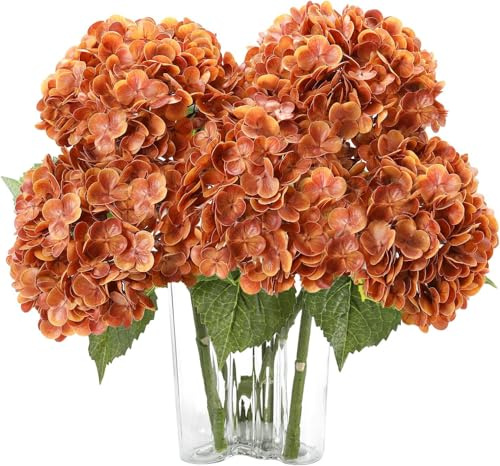 LEUCHTAMOR Ramo de hortensias artificiales de seda, hortensias artificiales de color naranja otoñal, hortensias falsas para bodas, fiestas, oficina, decoración del hogar