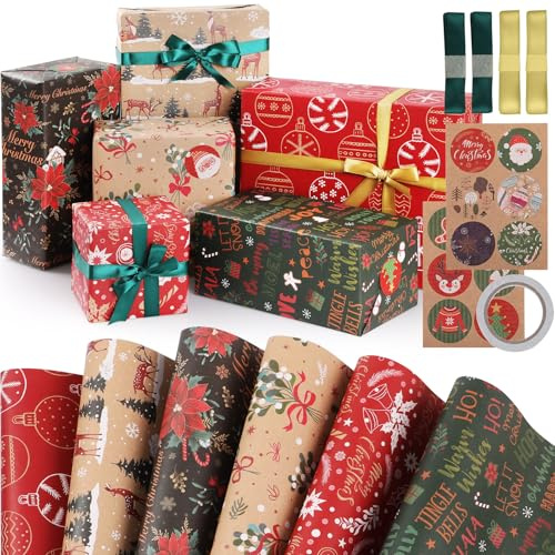 Hianjoo Papel de Regalo, 6 Hoja Papel Reciclable 70x50cm Envolver Regalos Papeles Craft con 2 Hoja Pegatinas de Regalo 1 Cinta de Doble Cara y 4 Cintas Decoración Fiesta Bricolaje, Navidad Colorida