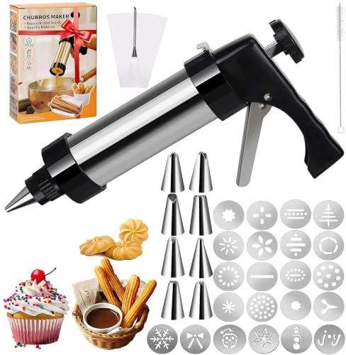 Gebäckpresse für Spritzgebäck Edelstahl,Spritzgebäck Presse mit 22 Schablonen,8 Tüllen,Gebäckspritze,Kekspresse,Maschine Gebäckpresse,zum Herstellen von Dekorativen Kuchen und Selbstgemachten Keksen