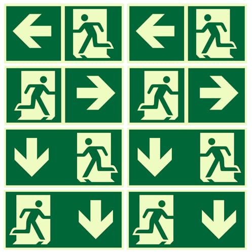 8 Piezas Señal Evacuación Salida, Salida de Emergencia Flecha Incluyen Izquierda, Derecha y Abajo, Salida de Emergencia Luminiscente, Diseño Autoadhesivo, para Hoteles, Escuelas, Edificios de Oficinas