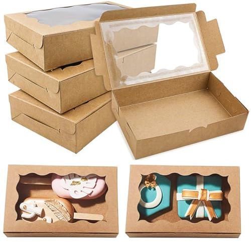 25 stycken kaklådor med visningsfönster, 18 x 11 x 4 cm kraftpapper, bagerilåda, bakverkslåda, presentförpackning för kex, cupcakes, makroner och bakverk – perfekt för bagerier, fester och presenter