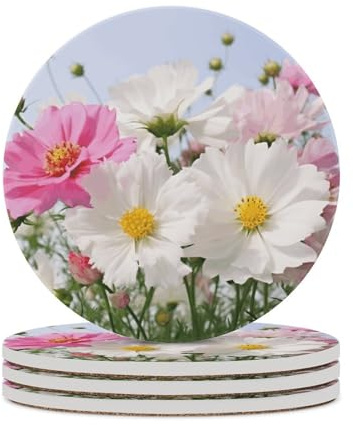 4er-Set Getränkeuntersetzer mit weißen Blumen und Korkboden, runde Becheruntersetzer, Tischschutzmatte für Verschiedene Becherarten