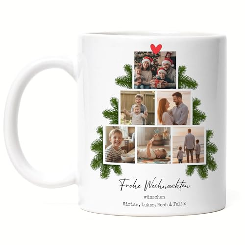 Kiddle-Design Weihnachtstasse Personalisiert mit eigenen Fotos, Familien Tasse zu Weihnachten mit Namen und Bildern Bedrucken, Frohe Weihnachten Fotogeschenk - Tasse Herzhenkel