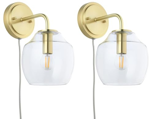 firstchoicelighting Set of 2 Satin Brass Plug in Wall Lights Bedside Reading Lamps, Cable and Plug Included, LED Compatible