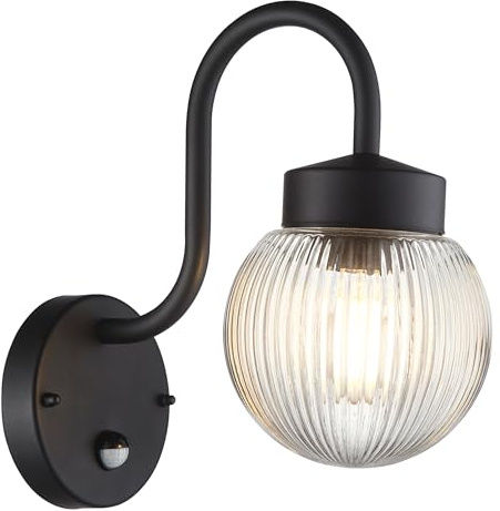 National Lighting Easton PIR Wall Light Textured Black - Outdoor Lantern Lights with Sensor, IP44 Rated Ribbed Glass Globe Wall Lamp - E27 Fitting Outside Lighting for Porch, Patio, Garage & Entrance