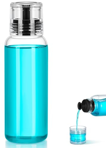 300 ml munvattendispenser i glas – klar påfyllningsbar flaska med lock och kopp – bänkskiva badrumsförvaring för munvatten (svart)