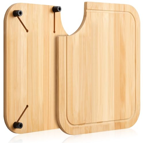 Ziliny Rv Sink Cutting Board, 14.5 x 12.5 Sink Cover Cutting Board with Adjustable Rubber Feet Compatible with Most Rv Boat Kitchen Sinks, Built in Juice Groove and Corner Cut for Scraps (Bamboo)