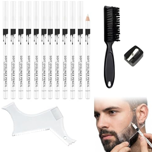 12 Piezas Lápiz De Peluquero Blanco, Lápiz Delineador De Barba para Delinear La Línea Del Cabello Y Dar Forma A La Barba, Incluye 1 Plantilla Barba, 1 Sacapuntas Y 1 Cepillo