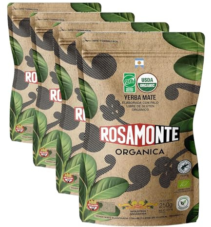 ROSAMONTE - Yerba Mate Orgánica Zipper 250g (Paquete de 4)