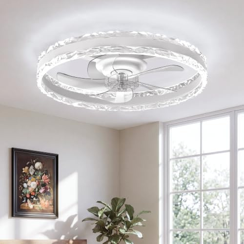 VOLISUN Smart Ceiling Fan with Light and Remote, White, 50cm | Silent, Fandelier, 3000K-6500K Dimmable, Flush Mount LED, Modern, For Bedroom