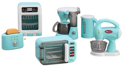 Monwssoe Kids Kitchen Set, Pretend Play Toy with Working Microwave, Toaster & Coffee Maker, 6+ Mini Appliances for DIY Assembly, Kitchen Toys for Girls & Boys Ages 6 and Up Blue