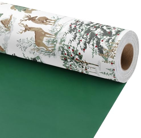 BIOBROWN Presentpapper jul, hjort i vinterskogen, 43 cm x 10 m | Vändbar rulle med hjort och snöig skog; stämningsfull design för jul och vinterpresenter