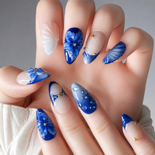 Yahusuhil Press on Nails, 24 st konstgjorda nagelklister och naglar, marin fransk hav 3D mandel