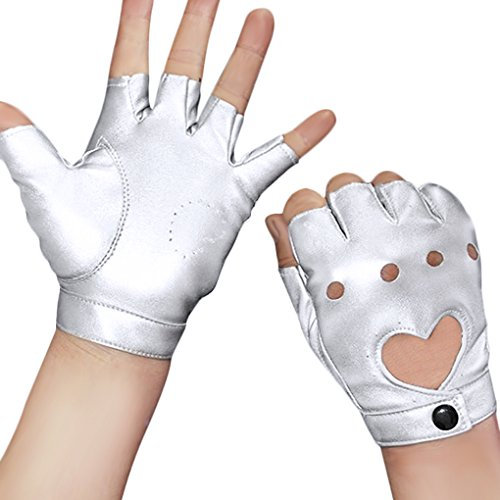 FakeFace Damen Herren Fingerlos Handschuhe Punk Hip Hop Handschuhe Fäustlinge aus PU Leder für Bühnenauftritte, Party, Club, Festivals, Weihnachten, Einheitsgröße, Silber
