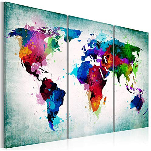 decomonkey Bilder Weltkarte 120x80 cm 3 Teilig Wandbild Groß Leinwandbild XXL Deko Wohnzimmer Schlafzimmer Büro Wanddeko Leinwand Pictures For Wall Poster Welt Karte Landkarte Kontinente bunt