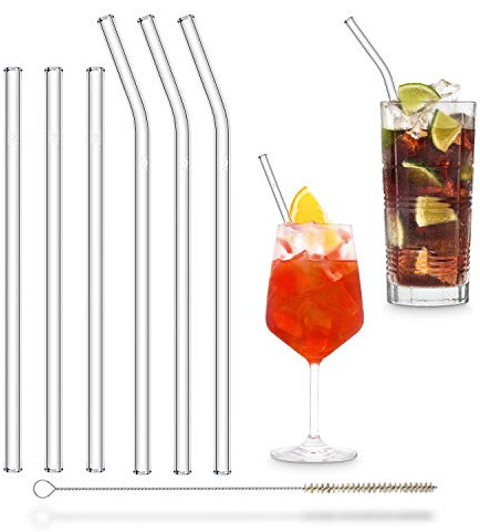 HALM Cannucce in Vetro Riutilizzabili - 6 Pezzi, 2 Misure - Cannucce in Cristallo + Spazzola per Pulizia senza Plastica - Lavabili in Lavastoviglie - Sostenibili Cannucce di Vetro - Cocktail Frullato