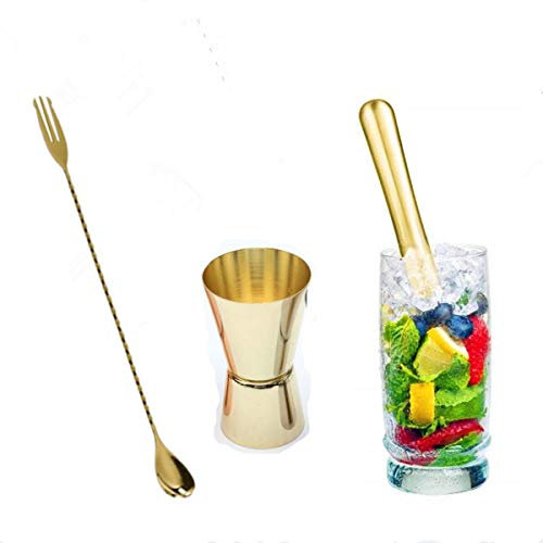 Cocktail-Stößel mit Kupfer-Finish, gedrehter Rührlöffel mit Gabel, Doppel-Messbecher-Set, Bar-Werkzeug, Essentials, professionelles Bar-Werkzeug-Set (Golden)