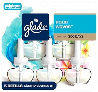 Glade PlugIns Air Freshener Refills, Aqua Waves, 5 Count | 0.67 fl oz Each, Includes 5 Refills, Scented and Essential Oils for Home and Bathroom Use, Fits Glade PlugIn Warmer