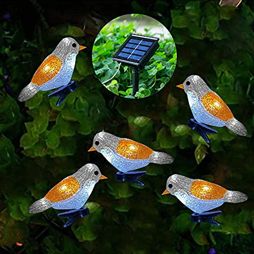 Solar Lichterkette Außen,SUAVER 5 Stück Acryl Vogel Lichterketten Solarlaterne wasserdichte Dekoration Garten Beleuchtung mit Clip für Rasen,Terrasse,Sommerfest,Feiertag (Gelb Weiß)