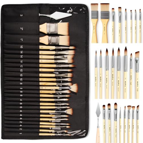 Nicpro 26pcs Paint Brush Set, Professional Paintbrushes with Cloth Roll, Artist Paint Brushes for Acrylic Painting, Oil, Watercolour, Gouache, Adults Kids Art Painting Tools Supplies