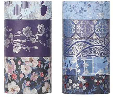 Washi Tape Set 8 Rollen - 30/15 mm breit, Eleganz in Blau, Japanisches Masking Tape mit Blumenmuster (4m) Dekorieren Sie Ihr Scrapbook, DIY, Geschenkverpackung, Bullet Journal, Kawaii-Briefpapier
