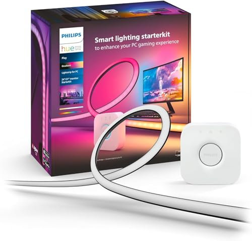 Philips Hue - Kit de inicio Tira de luces LED Hue Play Gradient para PC - 24-27 + Hue Bridge, Luz Blanca y de Colores - sincroniza con el contenido de la pantalla, Compatible con Alexa y Google Home
