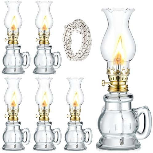 Yexiya 6 Set Vintage Glass Kerosene Lamp Rustic Oil Lamp Lantern Chamber Oil Clear Kerosene Hurricane with 6.6 ft Extra Wick for Indoor Use Lighting Decor Emergency (Trendy Style)