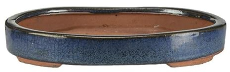 Ovale Bonsaischale aus blau glasiertem Steinzeug 21,5x15,5x2,5 cm - O10e