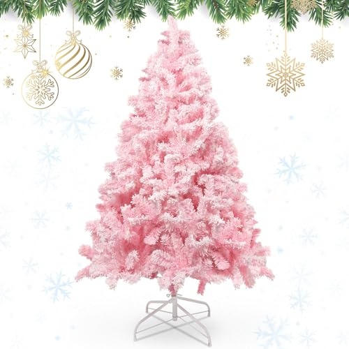 AGM 5ft Christmas Tree, Snow Flocked Artificial Pink Xmas Tree | 600 Branch Tips, Full Snowy Christmas Trees, Metal Stand for Indoor and Outdoor Christmas Decorations