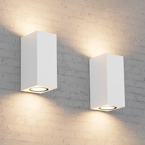Aipsun 2 stycken vit GU10 Utomhus vägglampa, aluminium vägglampa utomhus, IP65, GU10 övre och nedre vägglampa, lämplig för trädgård, balkong (utan glödlampa)